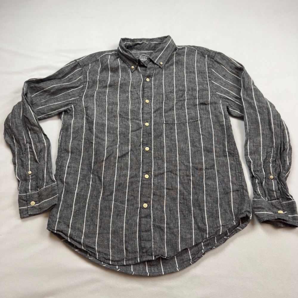 Alex Crane 100% Linen Striped Button Down Shirt Mens Large Charcoal Grey Striped